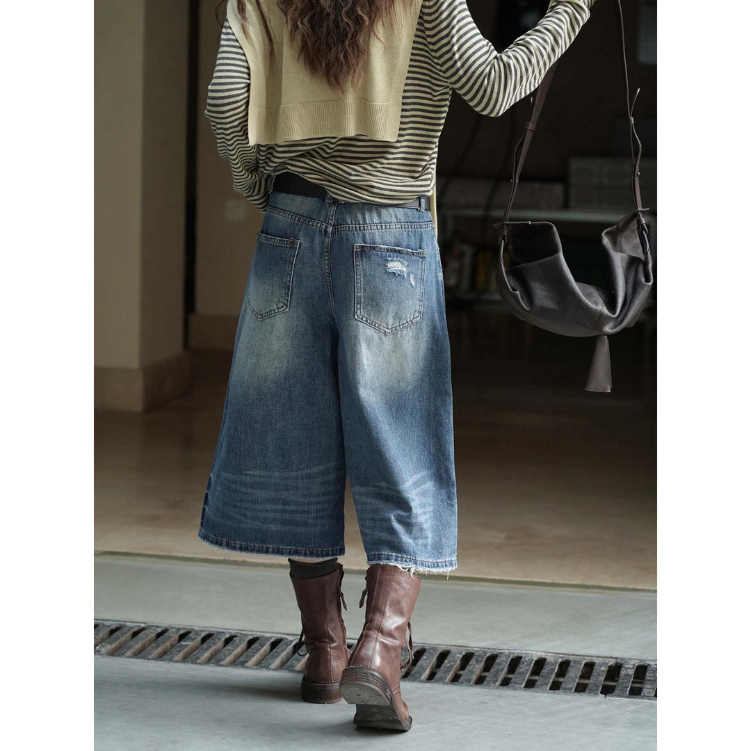 Women's Cropped Denim Culotte with Frayed Hem and Vintage Wash Amarae