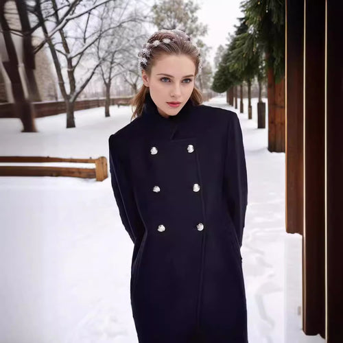 Ladies Elegant Short Double Breasted Coat with Chic Silk Details and Style