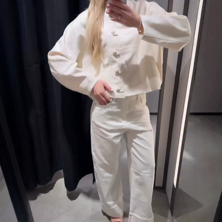 Women's Short Boxy Jacket with Mandarin Collar and Decorative Knot Button Placket Amarae