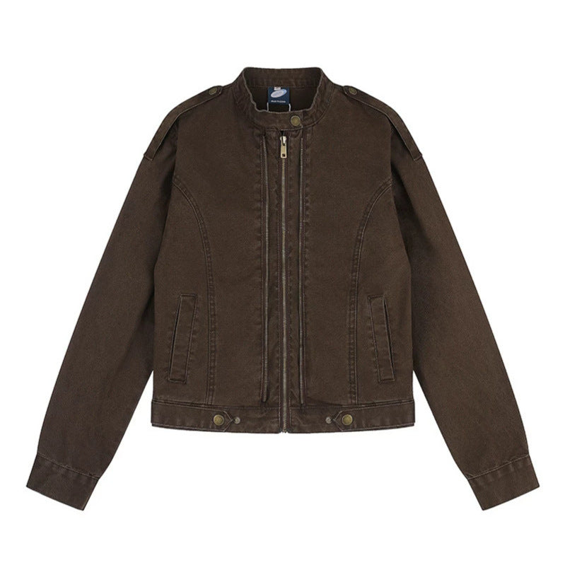 Women's Short-Cut Utility Jacket with Stand-Up Collar and Epaulettes Amarae