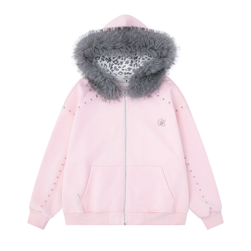 Women's hooded sweat jacket with faux fur trim, leopard lining and decorative studs Amarae