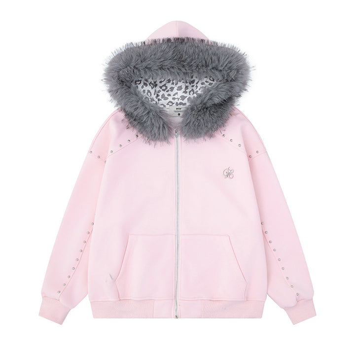 Women's hooded sweat jacket with faux fur trim, leopard lining and decorative studs Amarae