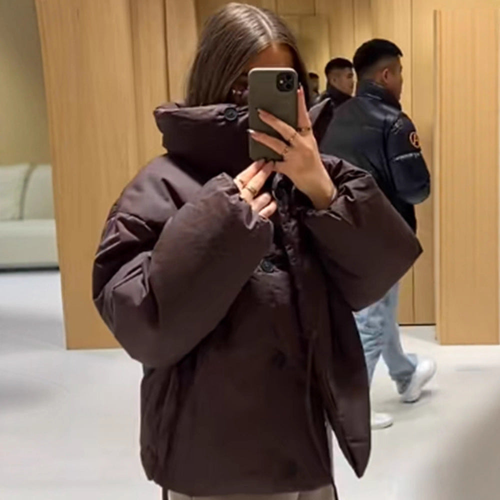 Women Short Padded Oversized Puffer Jacket with Hood and Tie Belt Amarae