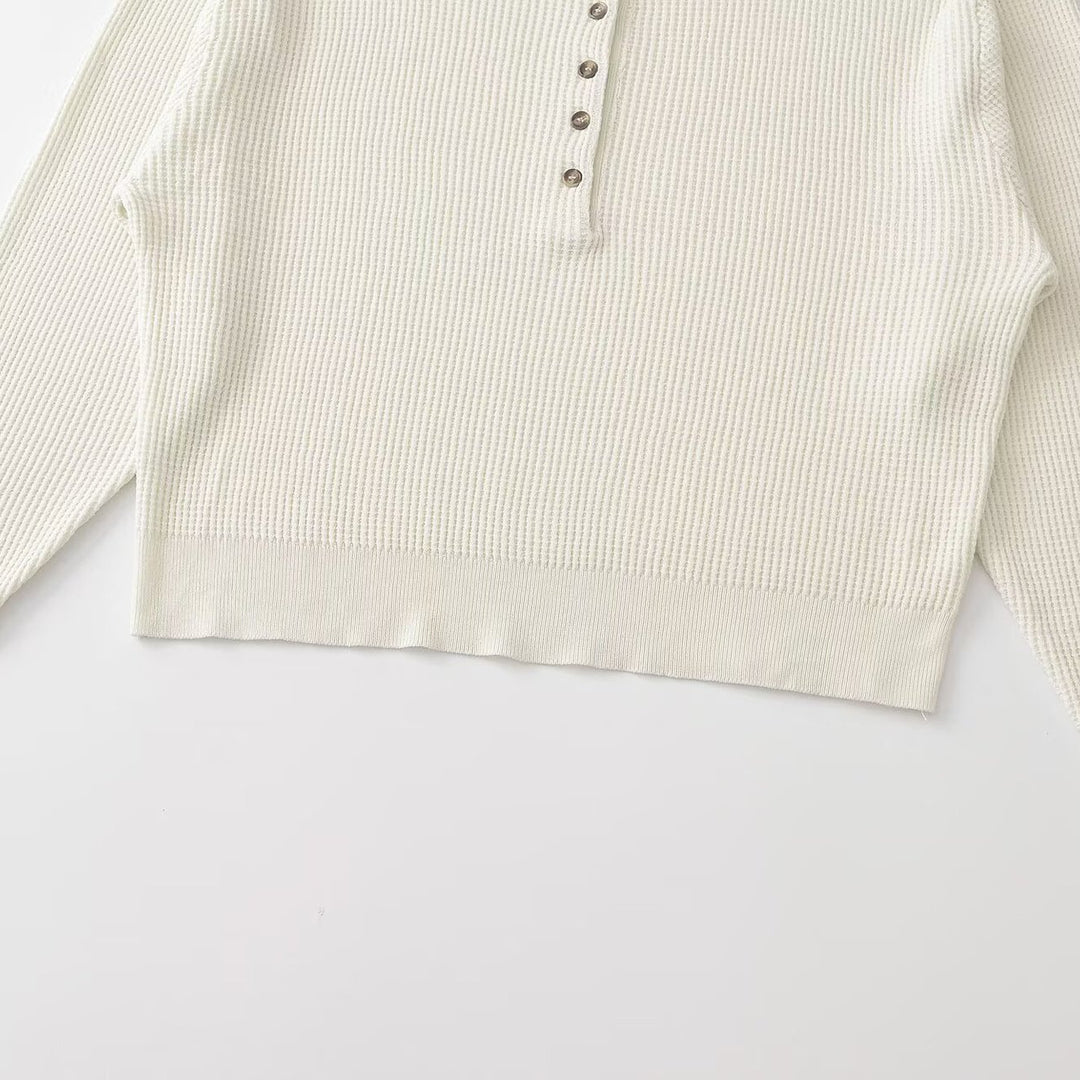 Women Thick Knit Waffle Knit Sweater with Henley Placket Amarae