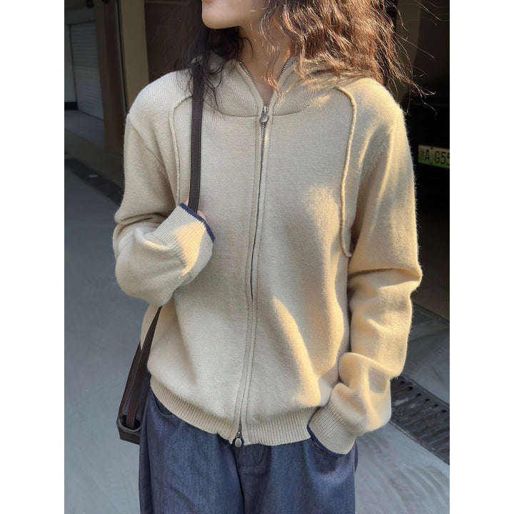Women's hooded zip cardigan made of fine knit with ribbed hem Amarae