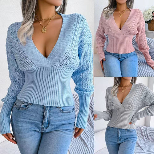 Knitted sweater for women with deep V-neck and elegant lace details Amarae