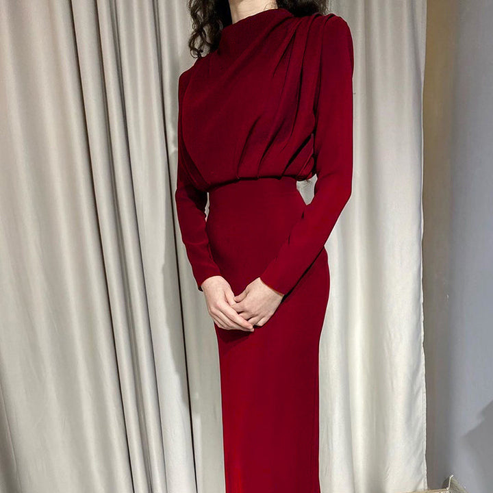 Women Elegant Fitted Dress with High Neck and Ruffles Lune London