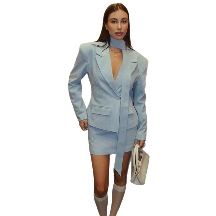 Women Tailored Blazer Mini Skirt Set with Tied Scarf, One-Button Jacket and Figure-Hugging Silhouette Amarae