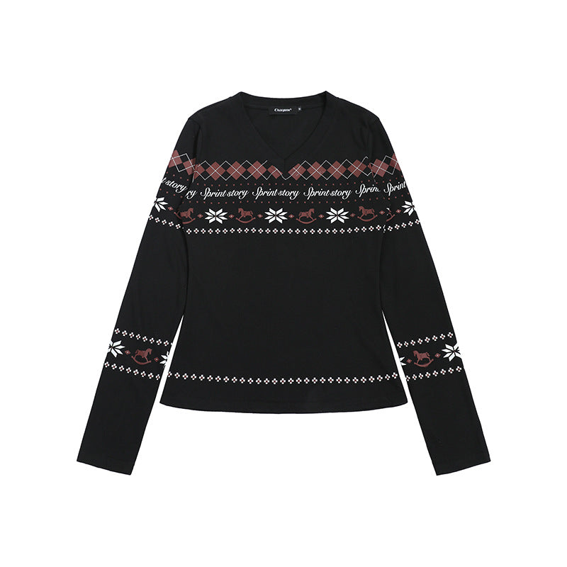 Women's Long Sleeve Shirt with V-Neck and Scandinavian Norwegian Print made of Cotton Blend Amarae