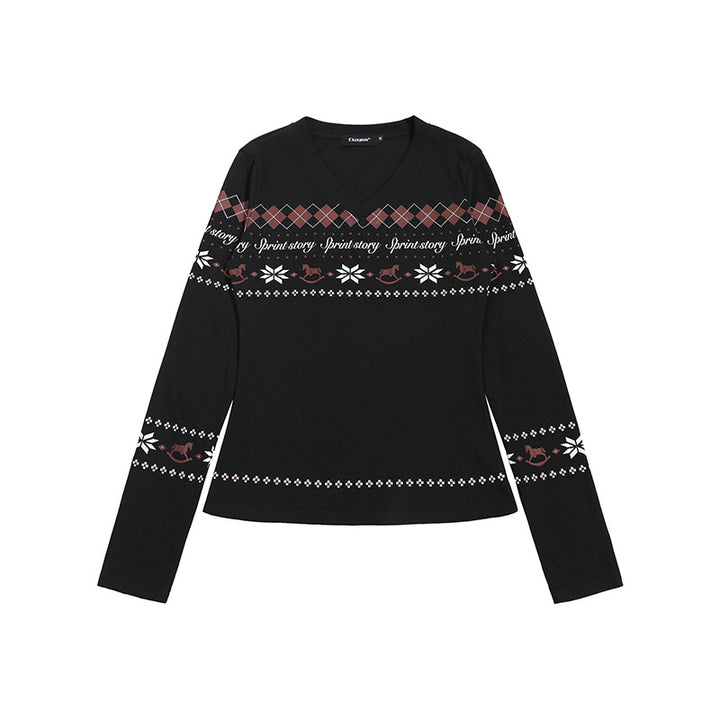 Women's Long Sleeve Shirt with V-Neck and Scandinavian Norwegian Print made of Cotton Blend Amarae