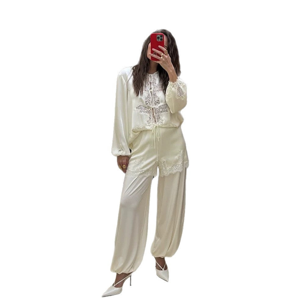 Women's Satin Loungewear Set with Lace Trim, Drawstring Top and Ballooned Palazzo Pants Amarae