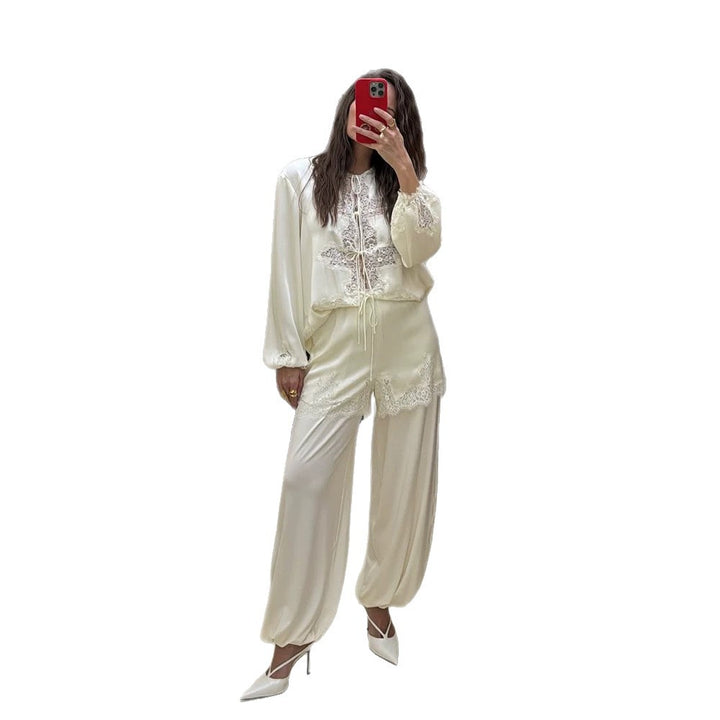 Women's Satin Loungewear Set with Lace Trim, Drawstring Top and Ballooned Palazzo Pants Amarae