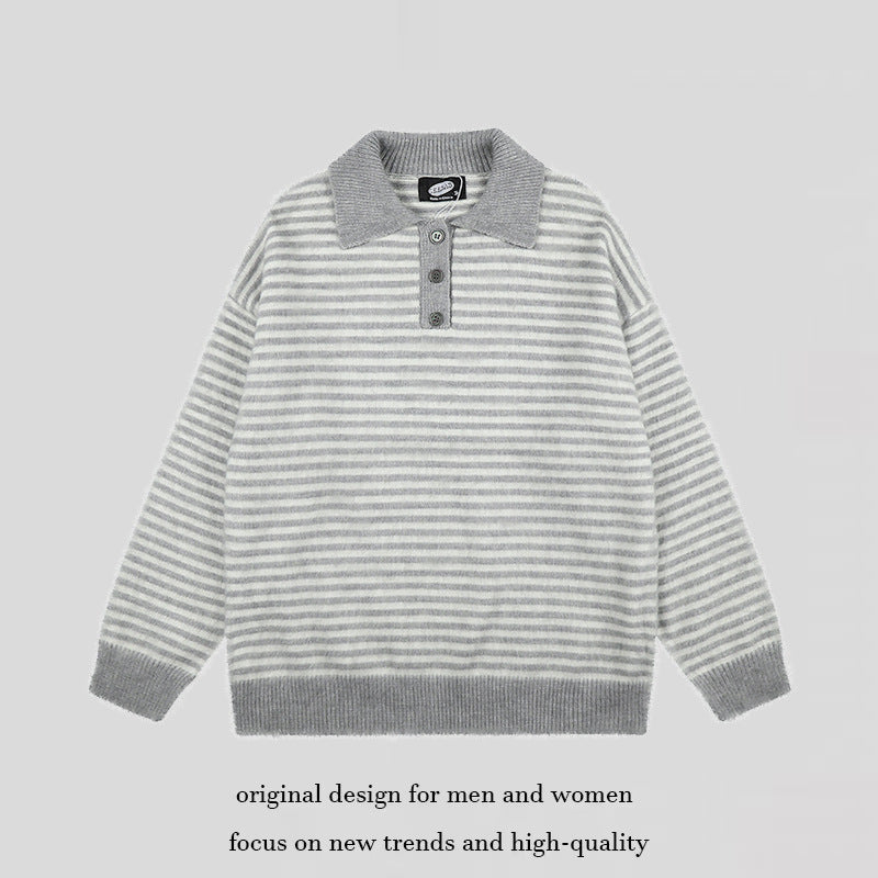 Women's Fluffy Knit Polo with Stripes, Contrasting Collar and Button Placket Amarae