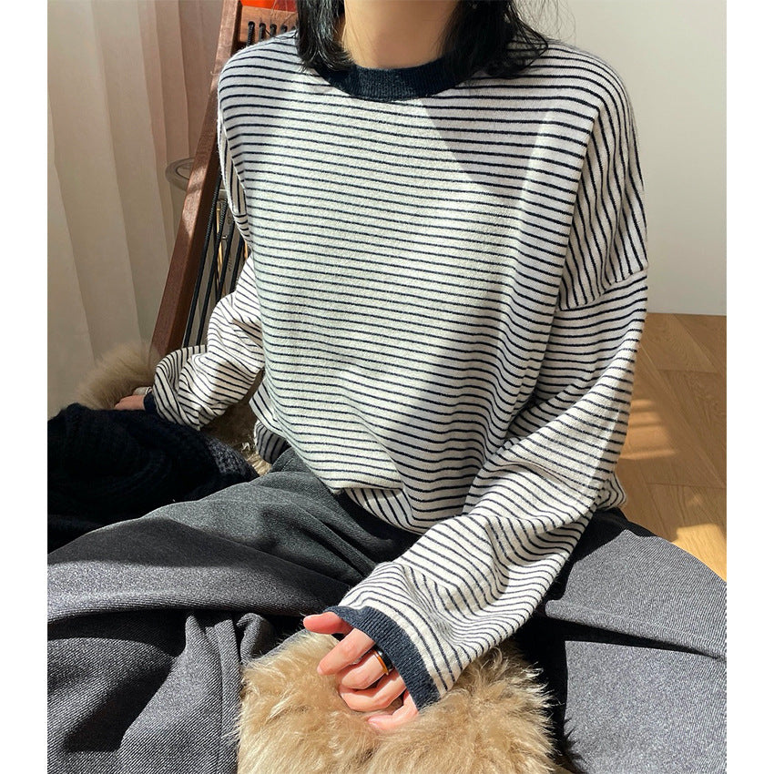 Women's Striped Fine Knit Sweater with Dropped Shoulder and Ribbed Collar Amarae