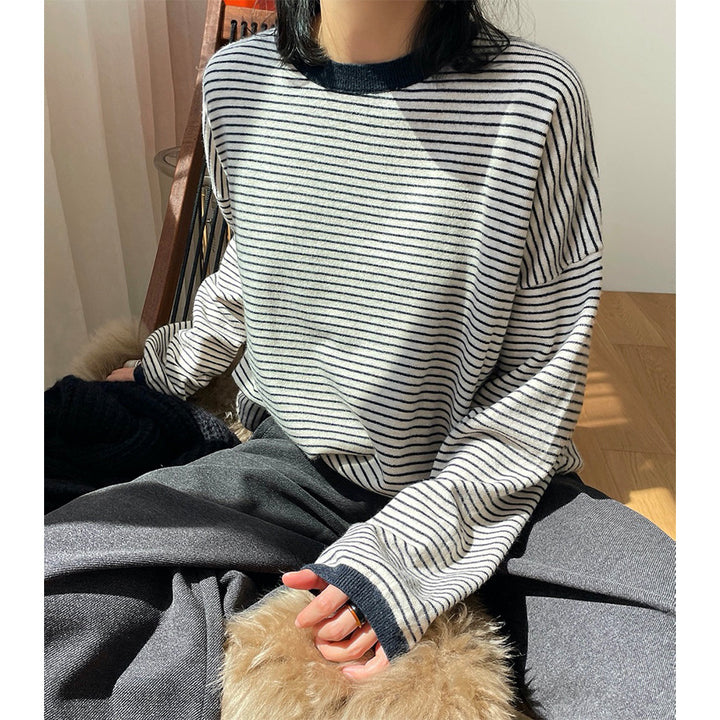 Women's Striped Fine Knit Sweater with Dropped Shoulder and Ribbed Collar Amarae