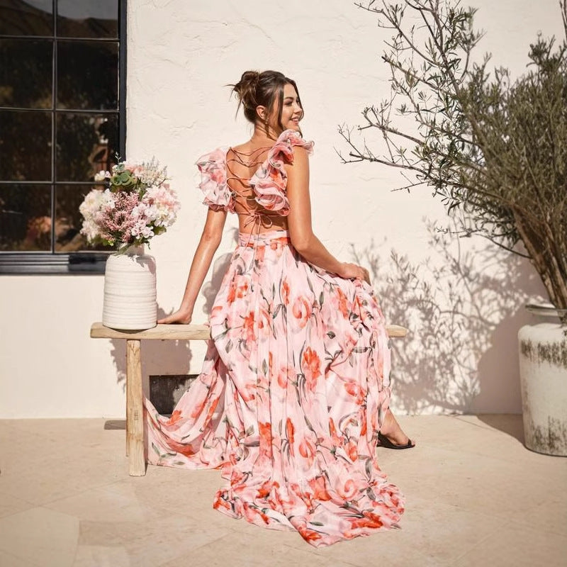 Women's maxi dress with floral ruffles and swinging design