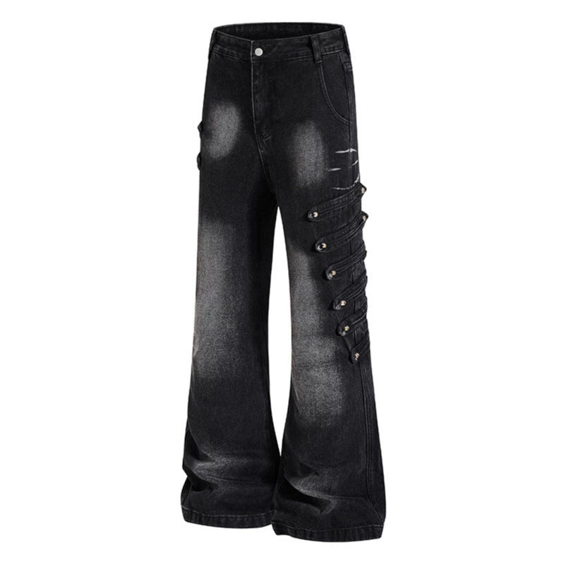Ladies Wide Jeans Pants with Used Effect and Side Decorative Button Strips Amarae