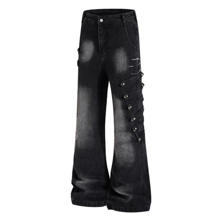 Ladies Wide Jeans Pants with Used Effect and Side Decorative Button Strips Amarae