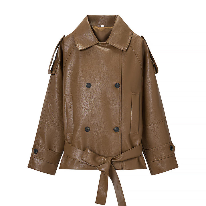 Women's Short Double-Breasted Faux Leather Trench with Waist Tie Belt Amarae