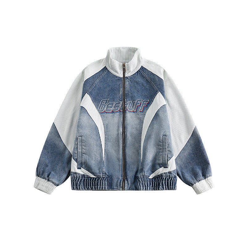 Unisex Boxy Jeans Jacket in Patchwork Look with Stand-Up Collar and Zipper Amarae