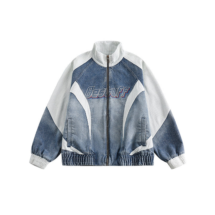 Unisex Boxy Jeans Jacket in Patchwork Look with Stand-Up Collar and Zipper Amarae