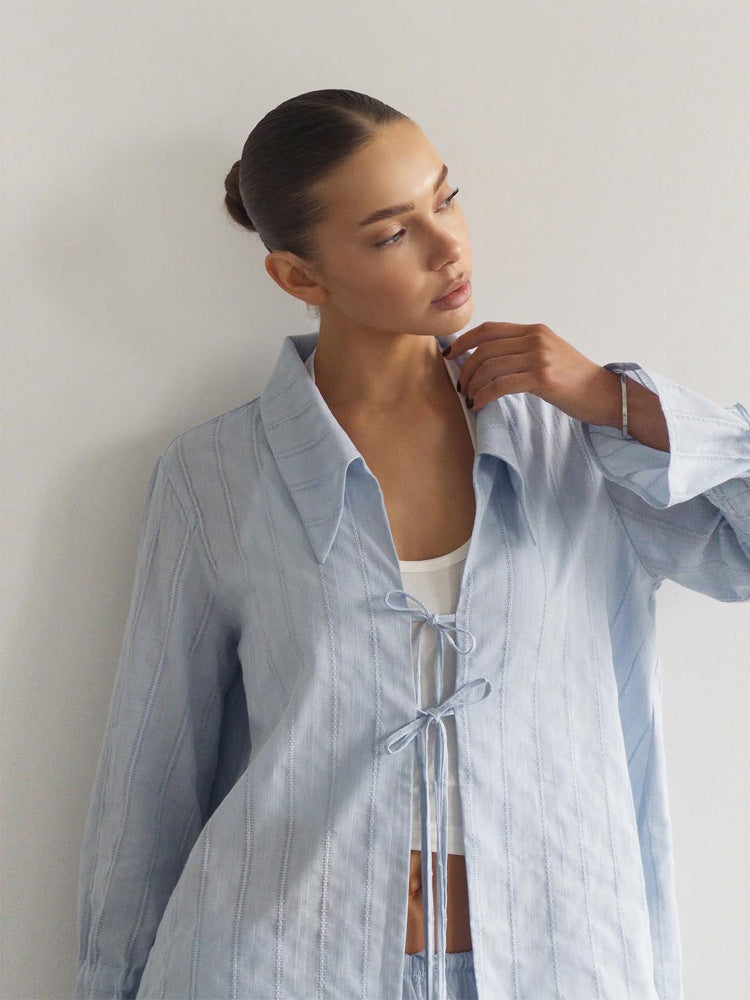 Women Loose Fitting Linen Look Blouse with Decorative Ties and Transparent Stripe Structure Amarae
