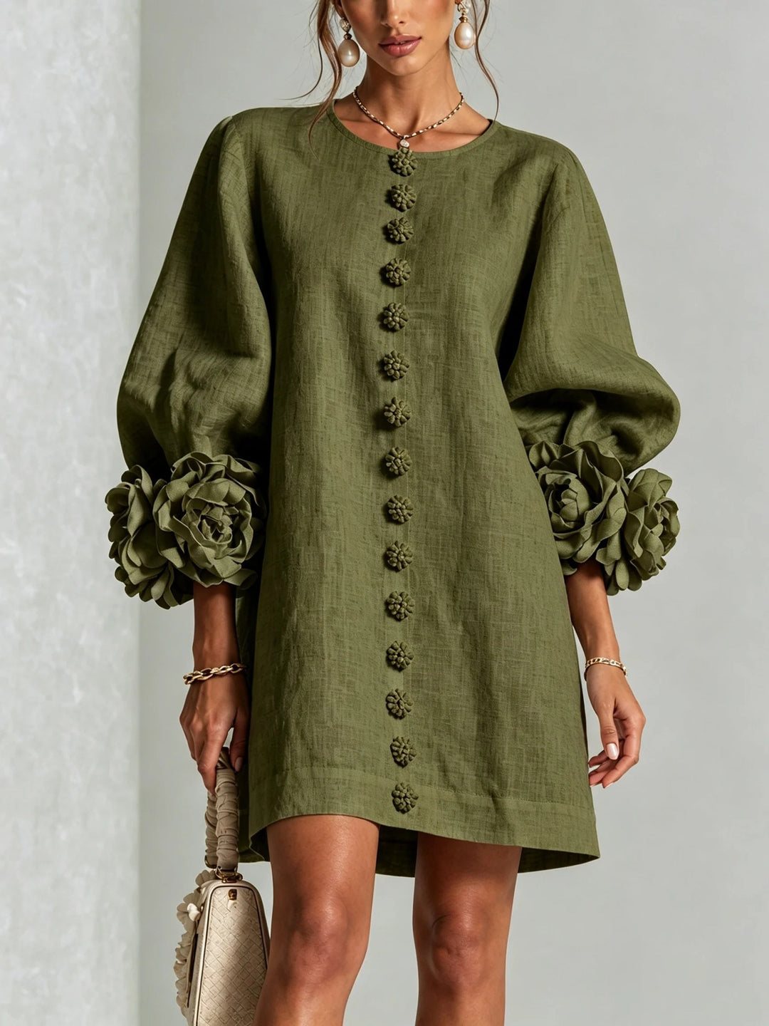 Ladies linen dress in A-line cut with balloon sleeves and 3D flower decoration Amarae