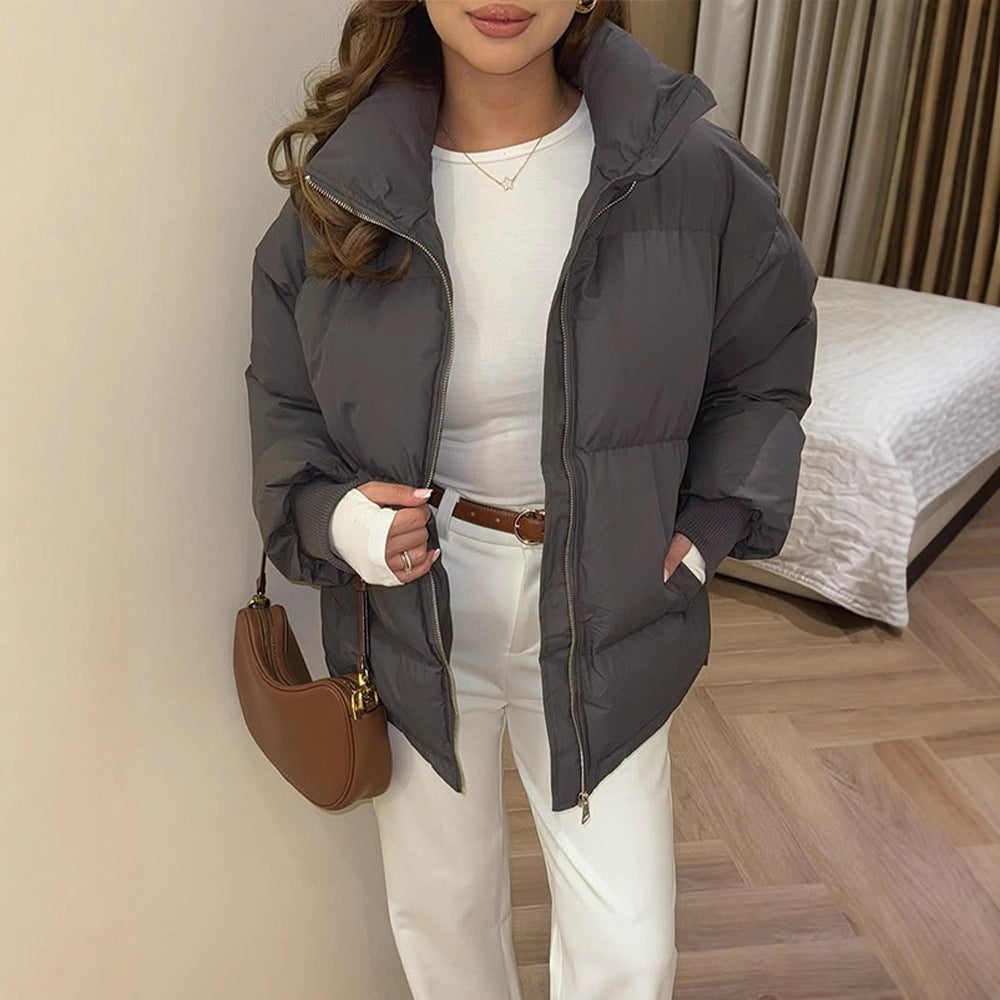 Women Short Tailored Puffer Jacket with Ribbed Cuffs and High Stand-Up Collar Amarae
