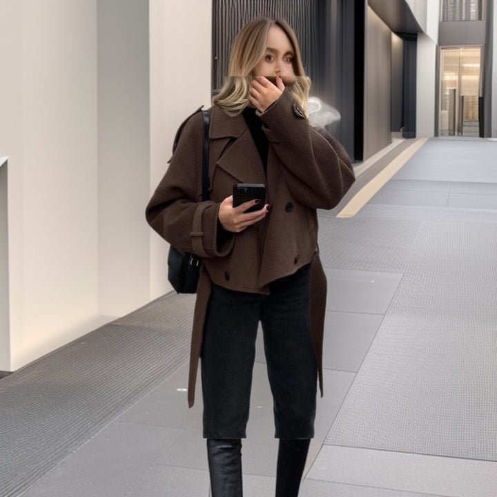 Women's short caban coat in cropped look with oversized sleeves and tie belt Amarae