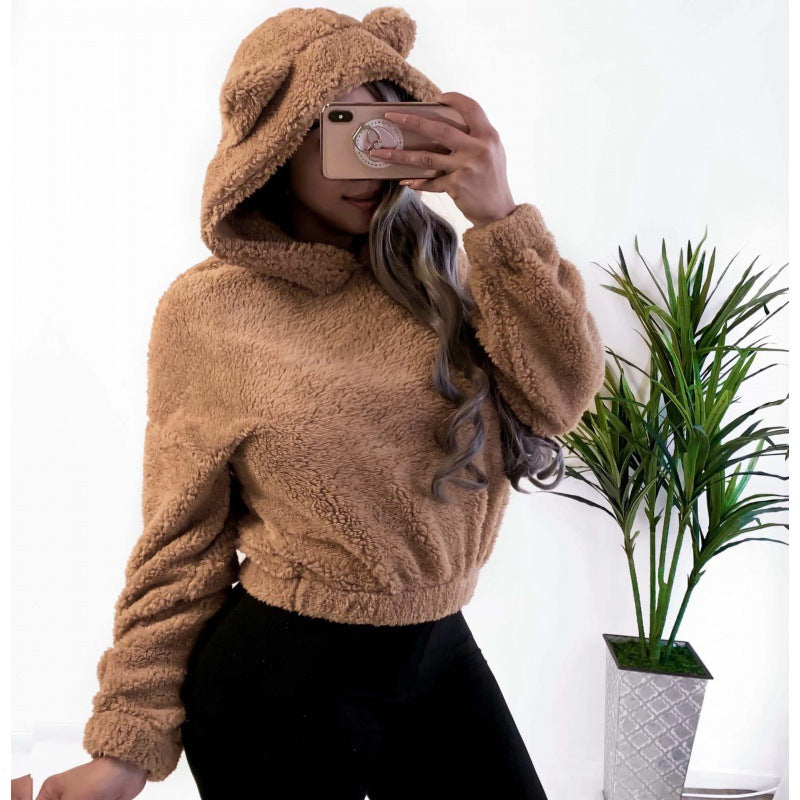 Women's Short Hooded Sherpa Pullover with Kangaroo Pocket and Elastic Hem Amarae