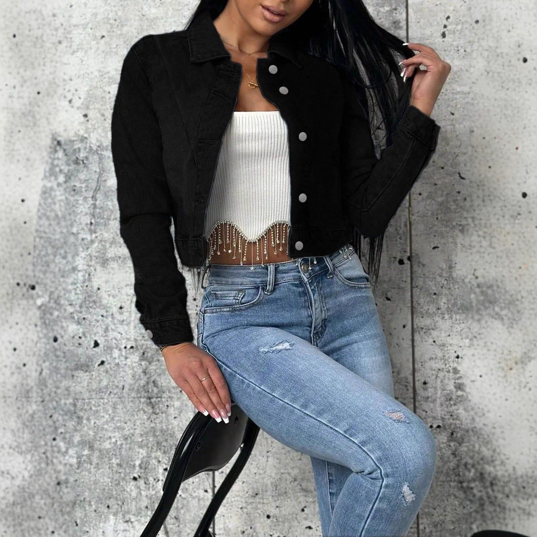 Women short-cut fitted denim jacket with full button placket and shirt collar Amarae