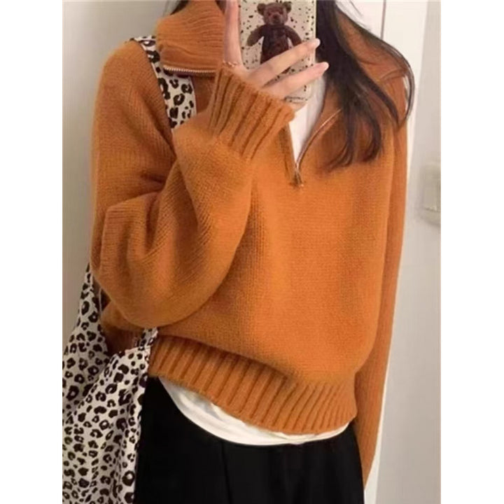 Pull en tricot confortable pour femmes avec col montant et fermeture éclair