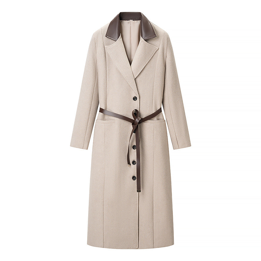 Women's Tailored Wool Blend Coat with Herringbone Structure, Contrasting Leather Collar and Tie Belt Amarae