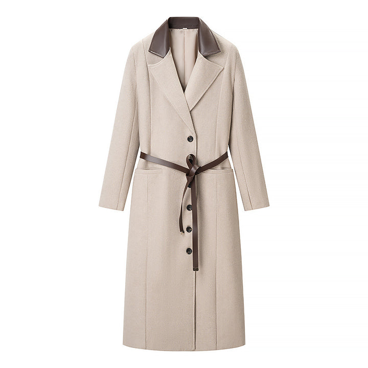 Women's Tailored Wool Blend Coat with Herringbone Structure, Contrasting Leather Collar and Tie Belt Amarae