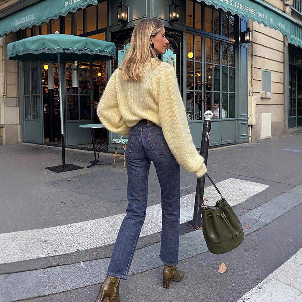 Women's Oversize Mohair Blend Sweater with Balloon Sleeves and Fine Rib Structure Amarae