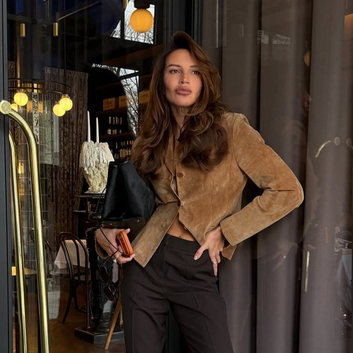 Women's Tailored Suede Blazer Jacket with Shirt Collar and Minimalist Decorative Stitches Amarae