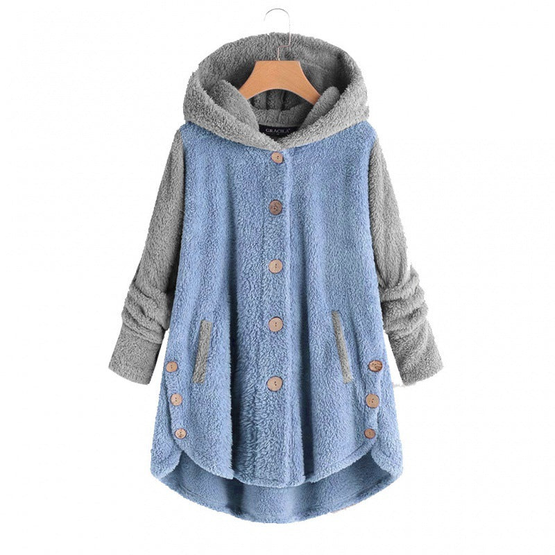 Women's Oversized Teddy Coat with Hood, Asymmetrical Zigzag Hem and Wooden Button Placket Amarae
