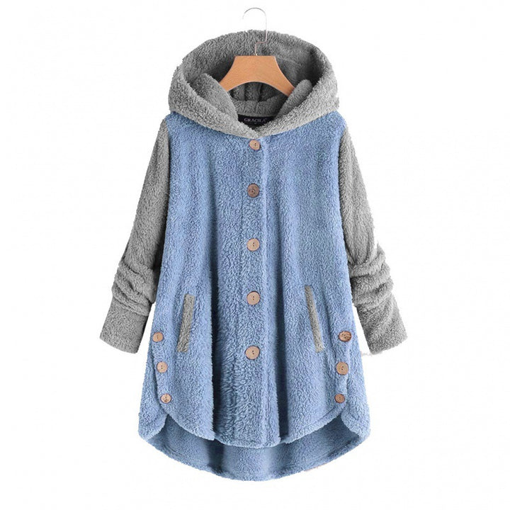 Women's Oversized Teddy Coat with Hood, Asymmetrical Zigzag Hem and Wooden Button Placket Amarae