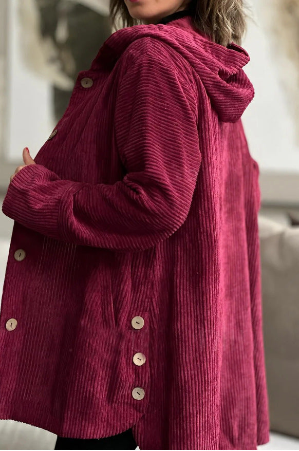 Womens wellness jacket in cord with hood and large buttons Lune London