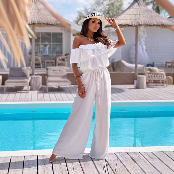 Ladies Off-Shoulder Wide Leg Jumpsuit Lune London
