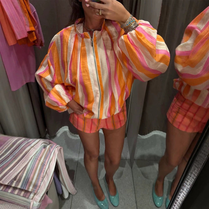 Women's Striped Lightweight Bomber Jacket with Balloon Sleeves and Stand Collar Amarae