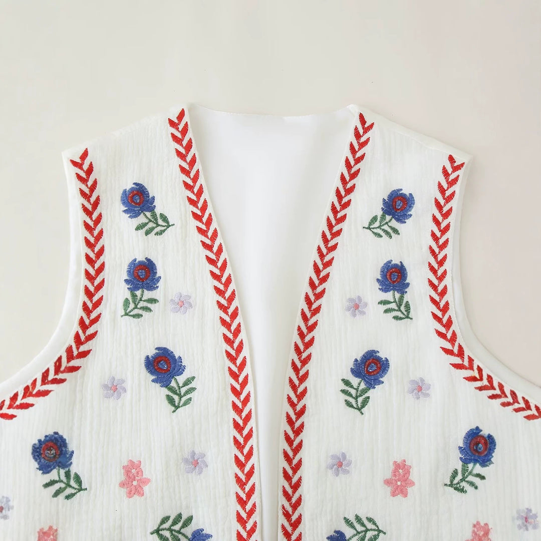 Women's Embroidered Cotton Vest in Boho Style with V-Neck and Decorative Trim Amarae