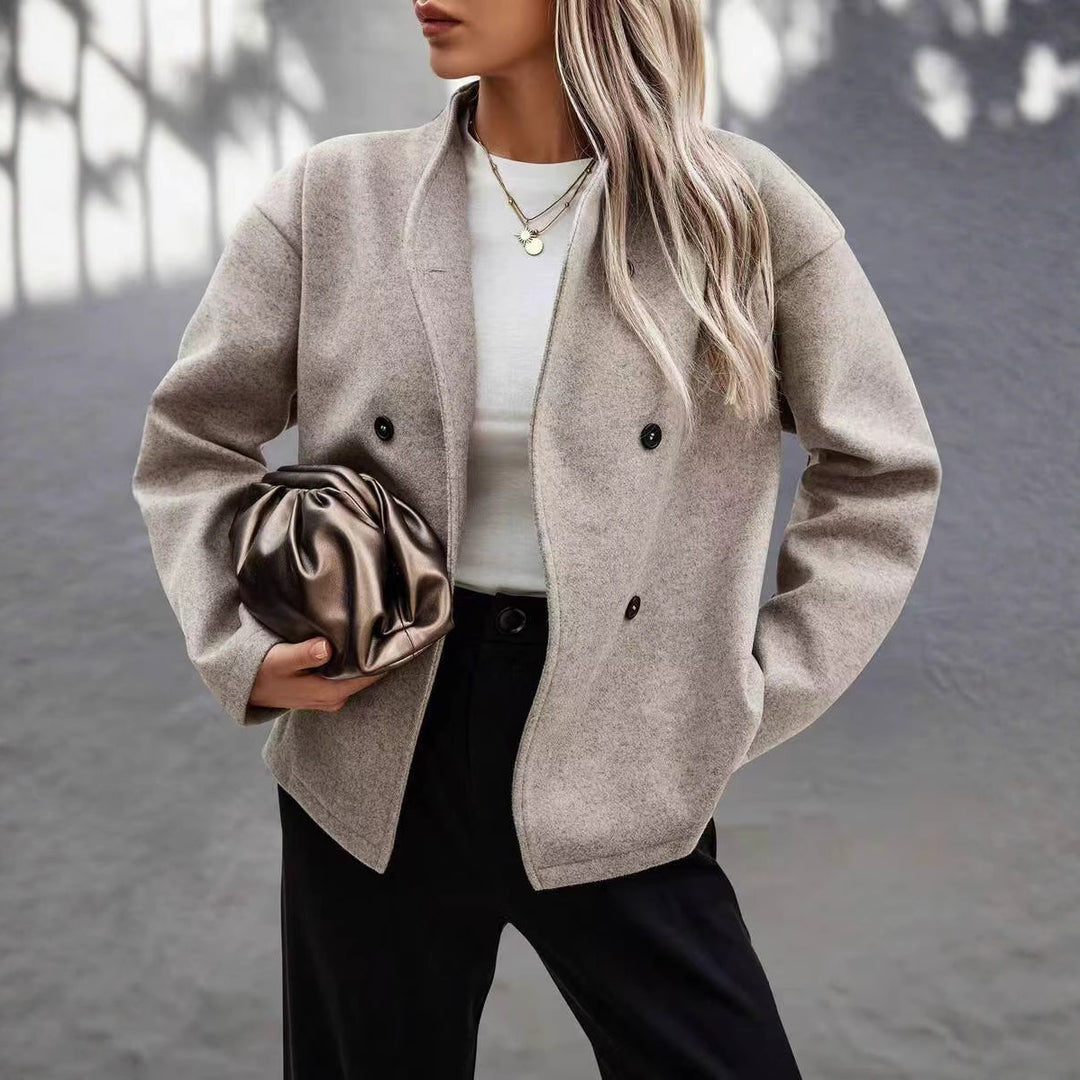 Elegant wool jacket for women with a chic look featuring a double-breasted button row Lune London