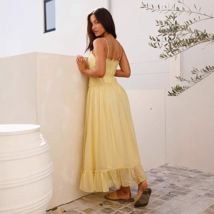 Ladies' maxi dress with ruffle details and adjustable straps Lune London