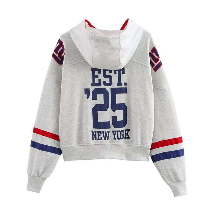 Sporty cropped hoodie for women with colorful graphic element and practical drawstring Lune London
