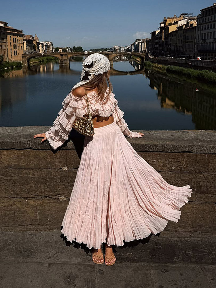 Women's Boho Two-Piece with Cropped Ruffle Top and Pleated Maxi Skirt Amarae