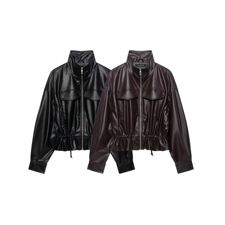 Women's Oversized Faux Leather Bomber Jacket with Funnel Neck, Drawstring Waist, and Flap Pockets Amarae