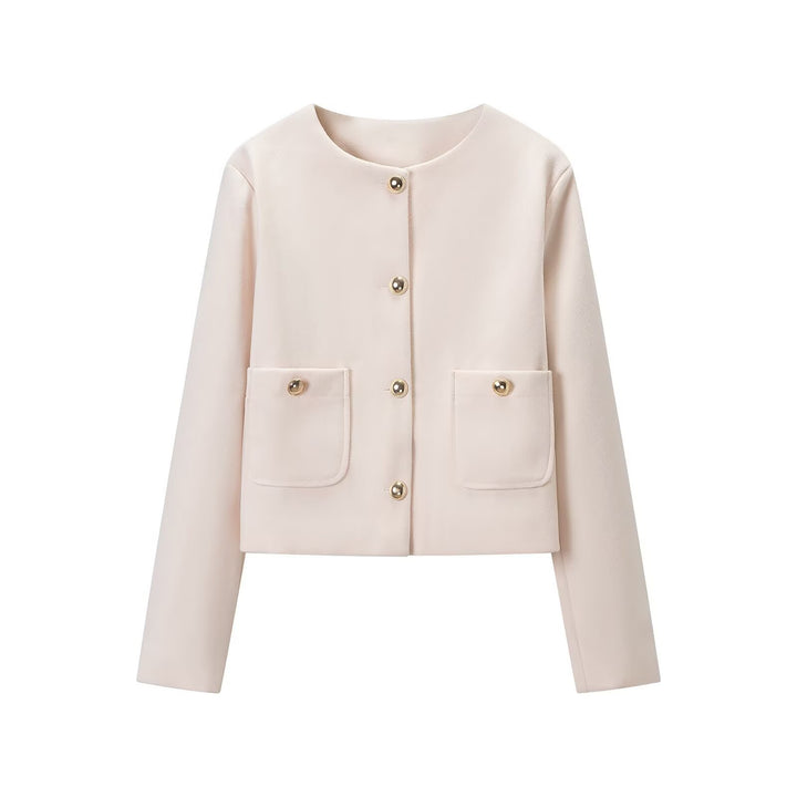 Women's cropped wool blend jacket with round neck, patch pockets and gold decorative buttons Amarae