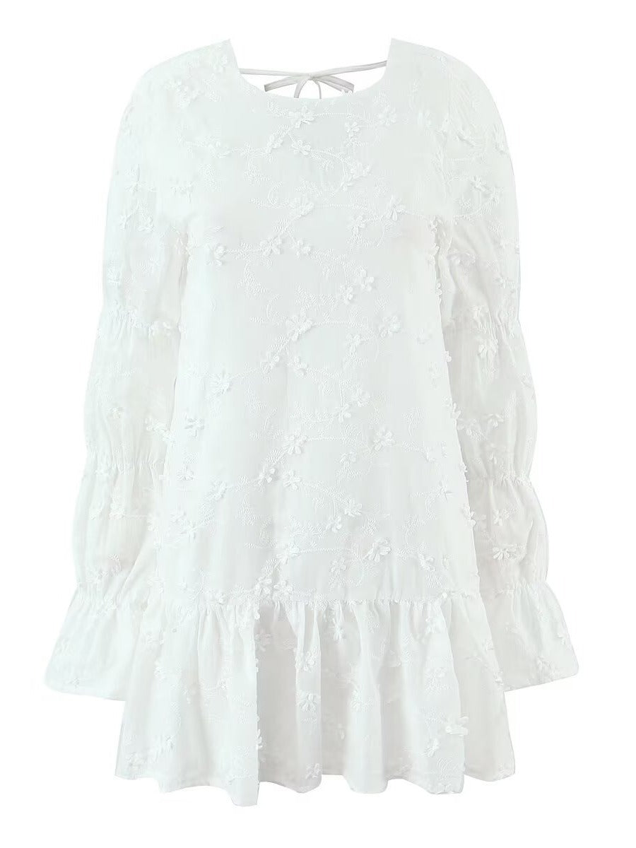 Airy tunic dress for women with floral embroidery and lace hem Lune London