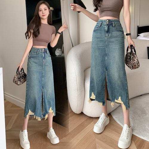 Jupe longue en denim pour femmes avec fente latérale et ourlet effiloché Chic & Stil